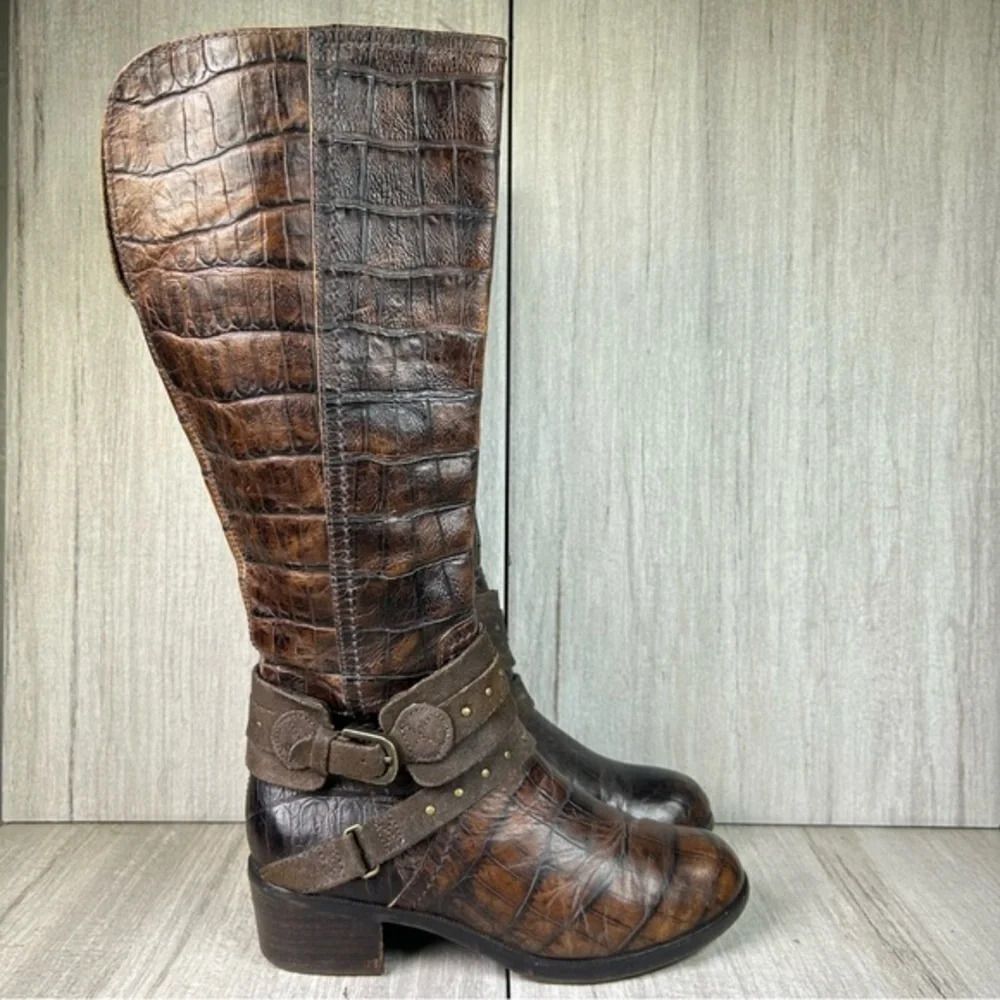 UGG Esplanade Tall Riding Boots Harness Croc Print Heeled Shoe Womens Size 5.5